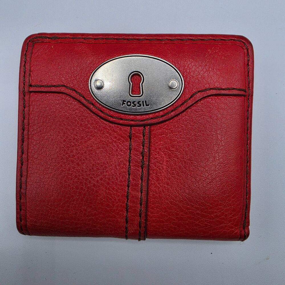 Fossil Red Leather Compact Bifold Wallet Zip Coin Pocket ID Card Holder Flaws